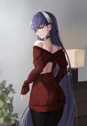  absurdres blue_eyes cosplay dress fate/grand_order fate_(series) female hayami_saori highres long_hair looking_at_viewer looking_back meltryllis_(fate) obazzotto off-shoulder_sweater off_shoulder pantyhose purple_hair red_shirt red_sweater ribbed_sweater shirt solo spy_x_family sweater sweater_dress two-sided_fabric very_long_hair voice_actor_connection yor_briar yor_briar_(cosplay) 