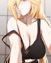  absurdres bianka_durandal_ataegina blonde_hair blue_eyes blush breasts cleavage closed_mouth earrings female highres honkai_(series) honkai_impact_3rd jewelry large_breasts long_hair loose_clothes saki_(remainaddd) sweat tank_top 