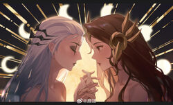  2girls absurdres artist_name black_eyeshadow brown_eyes brown_hair closed_eyes collarbone diana_(league_of_legends) eyeshadow hair_slicked_back highres holding_hands interlocked_fingers league_of_legends leona_(league_of_legends) long_hair looking_at_another makeup miix777 multiple_girls nude upper_body white_hair yuri 