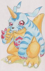  absurd_res ambiguous_gender animal_skin anthro bandai_namco belly belly_markings digimon digimon_(species) fur gabumon hi_res horn looking_at_viewer markings red_eyes simple_background slightly_chubby solo standing striped_body striped_fur stripes tabasukotrr white_background yellow_body 