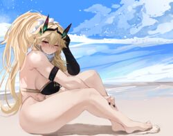  abs bare_shoulders barghest_(fate) barghest_(ice_warrior)_(fate) beach bikini black_bikini black_gloves blonde_hair blue_sky blush breasts elbow_gloves fate/grand_order fate_(series) female gloves gold_trim hair_ornament hair_scrunchie high_ponytail highres horns large_breasts long_hair looking_at_viewer muscular muscular_female obazzotto one_eye_closed red_eyes scarf scrunchie sidelocks single_glove sitting sky smile solo swimsuit thick_thighs thighs white_scarf 