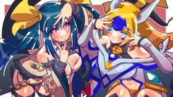  2girls alternate_breast_size bare_shoulders belt blazblue blonde_hair blue_eyes blue_hair blue_nails blush border breasts cleavage cleavage_cutout clothing_cutout commission company_connection crossover detached_collar detached_sleeves dizzy_(guilty_gear) fingernails guilty_gear guilty_gear_xrd hair_ribbon hair_rings headpiece highres hoshino_ai&#039;s_pose ichi_orgin large_breasts leaning_forward long_hair midriff monster_girl mu-12 multiple_girls navel noel_vermillion oshi_no_ko pink_nails pose_imitation red_background red_eyes revealing_clothes ribbon skeb_commission smile sparkling_eyes star-shaped_pupils star_(symbol) stomach symbol-shaped_pupils thigh_strap thighs white_border yellow_ribbon 