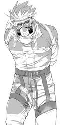  1boy arms_behind_back bara bound bound_arms deruha_(this_communication) feet_out_of_frame frown gas_mask goggles greyscale highres huge_eyebrows jumpsuit large_pectorals looking_at_viewer male_focus mask monochrome muscular muscular_male pectorals short_hair solo spiked_hair standing thighs this_communication umedairuka 