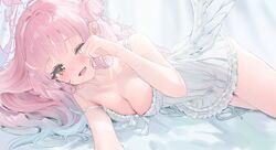  angel_wings bare_arms blue_archive blush breasts cleavage collarbone dress feathered_wings female hair_bun halo large_breasts long_hair looking_at_viewer lying mika_(blue_archive) nightgown one_eye_closed open_mouth pink_hair pink_halo shaffelli single_side_bun smile solo strap_slip white_dress white_wings wings yellow_eyes 