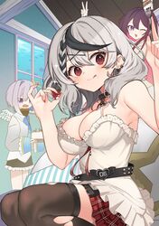  3girls :d :q amane_kanata amane_kanata_(1st_costume) azki_(4th_costume)_(hololive) azki_(hololive) bare_arms belt black_hair black_thighhighs blush breasts camisole cleavage collar commentary_request ear_piercing food food_on_face fork grey_hair highres holding holding_food hololive indoors kanata_kensetsu large_breasts long_sleeves looking_at_viewer multicolored_hair multiple_girls nail_polish nanana_narang one_eye_closed open_mouth piercing plaid plaid_skirt purple_eyes red_eyes red_nails red_skirt sakamata_chloe sakamata_chloe_(1st_costume) short_hair sitting skirt smile streaked_hair thighhighs tongue tongue_out torn_clothes virtual_youtuber w white_camisole window 