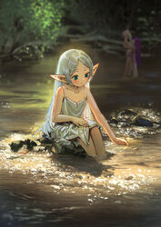  2girls aduo collarbone commentary_request day dress elf fern_(sousou_no_frieren) flat_chest frieren green_eyes highres legs_together long_hair multiple_girls outdoors parted_lips pointy_ears pouring pouring_onto_self purple_hair river rock sitting soaking_feet solo_focus sousou_no_frieren standing straight_hair very_long_hair washing water white_dress white_hair 