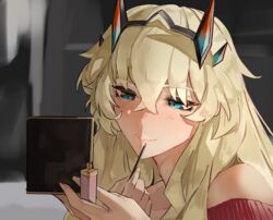  absurdres applying_makeup bare_shoulders barghest_(fate) barghest_(like_a_lady)_(fate) blonde_hair blue_eyes closed_mouth cosmetics crossed_bangs fate/grand_order fate_(series) female hair_between_eyes hand_mirror hands_up highres holding holding_mirror horns indoors light_blush lipgloss long_hair looking_at_object makeup mirror obazzotto off-shoulder_sweater off_shoulder portrait red_sweater ribbed_sweater sketch_background smile solo sweater 