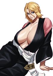  absurdres badge black_robe bleach bleach:_sennen_kessen-hen blonde_hair blue_eyes breasts cleavage curvy female fukutaichou_badge highres huge_breasts japanese_clothes kimono looking_at_viewer matsumoto_rangiku medium_hair mole mole_under_mouth no_bra raised_eyebrows robe seductive_smile shihakusho simple_background sitting smile solo sotcho white_background 