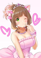  animal_ears bare_shoulders blush bow bracelet breasts brown_hair cat_ears cleavage dress fake_animal_ears female green_eyes hairbow heart idolmaster idolmaster_cinderella_girls jewelry koukoku looking_at_viewer maekawa_miku medium_breasts necklace one_eye_closed pearl_necklace pink_dress ponytail sidelocks simple_background solo strapless strapless_dress tiara upper_body 