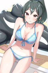  arm_support ban_(puka_0507) bare_shoulders bikini blue_bikini blush breasts brown_eyes cleavage collarbone dot_nose female front-tie_bikini_top front-tie_top green_hair halterneck highres idolmaster idolmaster_cinderella_girls idolmaster_cinderella_girls_starlight_stage inflatable_orca inflatable_toy long_hair looking_at_viewer medium_breasts navel ohishi_izumi open_mouth ponytail side-tie_bikini_bottom sitting smile solo string_bikini swimsuit 