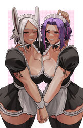  2girls animal_ears apron boku_no_hero_academia breast_press breasts commentary dark-skinned_female dark_skin gud0c highres lady_nagant maid maid_apron maid_headdress mirko multicolored_hair multiple_girls paid_reward_available purple_eyes purple_hair rabbit_ears rabbit_girl red_eyes symbol-only_commentary symmetrical_docking thick_thighs thighhighs thighs two-tone_hair veins veiny_breasts white_hair 