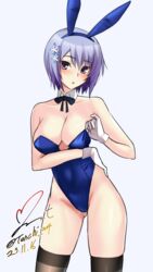  animal_ears black_bow black_bowtie blue_hair blue_leotard bow bowtie breasts brown_thighhighs cleavage detached_collar fake_animal_ears female gloves highres leotard maji_de_watashi_ni_koi_shinasai! medium_breasts playboy_bunny purple_eyes rabbit_ears shiina_miyako short_hair simple_background solo strapless strapless_leotard thighhighs white_background white_gloves yoo_tenchi 