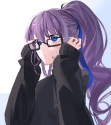  absurdres black_sweater blue_eyes blue_ribbon blush breasts fate/grand_order fate_(series) female glasses hair_ribbon highres long_hair long_sleeves meltryllis_(fate) obazzotto ponytail purple_hair ribbon small_breasts solo sweater 