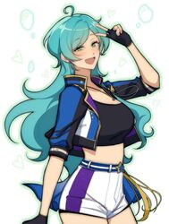  absurdres ahoge aqua_hair belt black_gloves black_shirt blue_belt blue_jacket blush cape crop_top ensemble_stars! female fingerless_gloves genderswap_(mtf) gloves green_eyes heart highres jacket long_hair long_sleeves lummy_yummy rule_63 shinkai_kanata shirt shorts solo star_(symbol) starry_sky_print v white_background white_shorts 