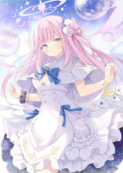  angel_wings blue_archive blush breasts capelet cleavage closed_mouth crescent crescent_pin dress feathered_wings female flower frilled_dress frills hair_bun hair_flower hair_ornament halo hoshino_koucha long_hair looking_at_viewer medium_breasts mika_(blue_archive) pink_hair pink_halo purple_flower single_side_bun smile solo white_capelet white_dress white_wings wing_decorations wings yellow_eyes 