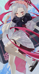  absurdres blue_archive blush commentary_request female floral_print flower foot_out_of_frame grey_hair grin hair_flower hair_ornament halo hidulume highres japanese_clothes kimono long_hair looking_at_viewer mutsuki_(blue_archive) mutsuki_(new_year)_(blue_archive) obi official_alternate_costume pink_flower print_kimono red_eyes red_halo sandals sash smile socks solo thigh_strap white_kimono white_socks zouri 