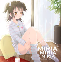  absurdres akagi_miria black_hair blush character_name collarbone commentary_request cup female highres hood hooded_jacket idolmaster idolmaster_cinderella_girls indoors jacket knees_together_feet_apart knees_up long_sleeves looking_ahead loose_socks mug plant potted_plant short_shorts shorts sitting socks solo steam striped_clothes striped_jacket striped_shorts two_side_up zariganippoi 