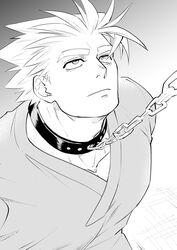  1boy alternate_costume bara chain_leash chains deruha_(this_communication) expressionless greyscale highres huge_eyebrows large_pectorals leash leash_pull looking_up male_focus monochrome muscular muscular_male pectorals sanpaku short_hair solo spiked_hair thick_neck this_communication umedairuka upper_body 