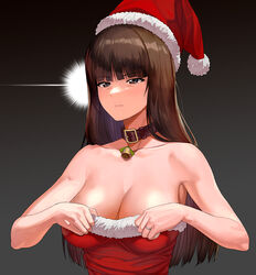  a1_(initial-g) bare_shoulders bell black_background blunt_bangs breasts brown_collar brown_hair cleavage closed_mouth collar collarbone commentary dress expressionless female fur-trimmed_dress fur-trimmed_headwear fur_trim girls_und_panzer gradient_background grey_eyes half-closed_eyes hands_up hat jewelry large_breasts long_hair looking_to_the_side mature_eyes mature_female neck_bell newtype_flash nishizumi_shiho red_dress red_hat ring santa_hat simple_background solo straight_hair strapless strapless_dress upper_body wedding_ring 