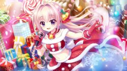  ahoge bell blonde_hair blue_eyes blue_hair bow box braid breasts candy christmas concert crop_top crown_braid dot_nose female film_grain food fur-trimmed_skirt fur_trim game_cg gift gift_box gingerbread_house gloves groin hair_bell hair_intakes hair_ornament hairbow holding holding_microphone izumi_tsubasu lens_flare lollipop long_hair looking_at_viewer medium_breasts microphone midriff mole mole_under_each_eye mole_under_eye multiple_moles navel non-web_source official_art open_mouth outstretched_arm re:stage! red_bow red_gloves red_skirt shiratori_amaha_(re:stage!) skirt smile snowflakes solo sparkle stage 