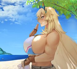  absurdres bare_shoulders barghest_(fate) barghest_(swimsuit_archer)_(fate) barghest_(swimsuit_archer)_(final_ascension)_(fate) barghest_(swimsuit_archer)_(first_ascension)_(fate) beach biceps bikini blonde_hair blue_sky blush breasts brown_gloves fate/grand_order fate_(series) female fingerless_gloves gloves green_eyes grey_skirt hat highres horns huge_breasts long_hair multicolored_bikini multicolored_clothes muscular muscular_female obazzotto open_mouth shore sideboob skirt sky solo swimsuit tree unworn_hat unworn_headwear very_long_hair white_bikini white_hat 