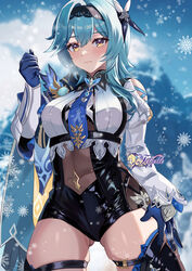  ass_visible_through_thighs black_hairband black_shorts black_thighhighs blue_gloves blue_hair blue_necktie breasts commentary_request cowboy_shot eula_(genshin_impact) felielle female genshin_impact gloves hairband hand_up high-waist_shorts long_hair looking_at_viewer medium_breasts necktie outdoors shirt short_shorts shorts skindentation solo standing thighhighs thighs white_shirt yellow_eyes 