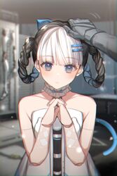  1other android animal_ears bambinata:_vitrum_(punishing:_gray_raven) bambinata_(punishing:_gray_raven) bare_arms bare_shoulders black_gloves black_hair blue_eyes blunt_bangs blurry blurry_background blush braided_hair_rings cat_ears cat_girl cat_tail chinese_commentary collar collarbone commentary desk detached_collar doll_joints dress female frilled_collar frills game_screenshot_background gloves hair_ornament hairclip headpat heart heart-shaped_pupils highres indoors interlocked_fingers joints light_particles mechanical_arms mechanical_legs mechanical_parts multicolored_hair own_hands_together parted_lips pov punishing:_gray_raven solo_focus strapless strapless_dress sucui_jiaxinyun symbol-shaped_pupils tail two-tone_hair white_dress white_hair 