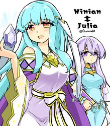  2girls alternate_costume bare_shoulders blue_hair breasts character_name circlet cosplay costume_switch dragonstone dress english_text fire_emblem fire_emblem:_genealogy_of_the_holy_war fire_emblem:_the_blazing_blade julia_(fire_emblem) julia_(fire_emblem)_(cosplay) long_hair multiple_girls ninian_(fire_emblem) ninian_(fire_emblem)_(cosplay) open_mouth purple_eyes purple_hair red_eyes simple_background yukia_(firstaid0) 