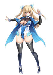  black_footwear blonde_hair blue_cape blue_leotard blush boots breasts cape clothing_cutout commission covered_navel female full_body hair_between_eyes hair_ornament hand_up high_heel_boots high_heels highres large_breasts leotard long_hair long_sleeves looking_at_viewer numako_(pizza_kanon) open_mouth outstretched_arm phantasy_star phantasy_star_online_2 protagonist_(pso2) red_eyes second-party_source simple_background skeb_commission solo standing tachi-e thigh_boots two-tone_leotard two_side_up underboob underboob_cutout white_background white_leotard yuu_sagi 