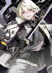  1boy absurdres belt bishounen black_gloves blonde_hair blood blood_on_face blood_splatter cuts facing_viewer fangs gloves grin hair_between_eyes higekiri_(touken_ranbu) highres holding holding_sword holding_weapon injury jacket jacket_on_shoulders katana kushiro_kuki male_focus orange_eyes pants shirt short_hair smile solo sword torn_clothes torn_shirt touken_ranbu upper_body weapon white_belt white_pants 