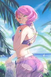  absurdres alisa_boskonovich ass beach bikini cloud cloudy_sky commentary english_commentary female from_behind green_eyes highres lag_(wo76_a) medium_hair ocean outdoors palm_tree pink_hair purple_bikini see-through see-through_skirt skirt sky solo swimsuit tekken tree 