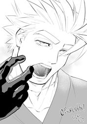  1boy adam&#039;s_apple bara deruha_(this_communication) finger_in_own_mouth gloves greyscale head_tilt highres huge_eyebrows male_focus monochrome open_mouth portrait scar scar_on_neck short_hair solo spiked_hair thick_neck this_communication umedairuka 