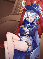  absurdres ahoge bare_legs blue_eyes blue_gemstone blue_hat blue_shirt brooch commentary crossed_legs feet_out_of_frame female furina_(genshin_impact) gem genshin_impact gloves hair_between_eyes hand_on_own_chin hand_up hat heterochromia highres jewelry korean_commentary long_hair long_sleeves looking_at_viewer low_ponytail mismatched_pupils multicolored_hair oerba_yun_fang open_mouth shirt short_shorts shorts sitting smile solo streaked_hair thigh_strap thighs throne top_hat white_gloves white_hair white_shorts ziro_(zirorong) 