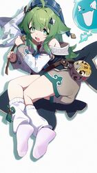  absurdres ahoge animal_ears armpit_crease bare_shoulders belt blue_headwear blunt_bangs brown_belt brown_shorts eyelashes feet female flag floppy_ears green_hair grey_background hair_ornament highres holding holding_flag honkai:_star_rail honkai_(series) huohuo_(honkai:_star_rail) inseki11 leg_warmers legs long_hair long_sleeves looking_at_viewer lying no_shoes on_side open_mouth paw-shaped_pupils scared see-through see-through_legwear shadow shorts socks soles solo spirit symbol-shaped_pupils tail_(honkai:_star_rail) toes wavy_mouth white_flag white_socks yin_yang yin_yang_hair_ornament 