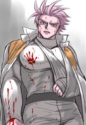  1boy bandaged_arm bandages bara blood blood_on_clothes blood_on_hands blood_on_pectorals bloody_handprints cowboy_shot deruha_(this_communication) frown handprint highres huge_eyebrows large_pectorals looking_at_viewer male_focus muscular muscular_male pectorals pink_hair qtaro-moru short_hair solo spiked_hair sweatdrop this_communication 