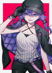  a.i._voice aegyo_sal arm_at_side baseball_cap belt black_gloves black_hat black_jacket black_shorts border bracelet commentary cowboy_shot criss-cross_halter dokusanchu female gloves halter_shirt halterneck hand_on_headwear hat highres jacket jacket_on_shoulders jewelry looking_at_viewer multicolored_clothes multicolored_jacket open_mouth outside_border purple_belt purple_eyes purple_hair purple_jacket quilted_clothes red_background ribbed_shirt shirt short_shorts shorts smirk solo tsurime two-tone_jacket voiceroid white_border white_shirt yuzuki_yukari yuzuki_yukari_(nagi) 