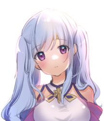  absurdres alternate_hairstyle azusa_(azchemist63) bare_shoulders circlet commentary_request female fire_emblem fire_emblem:_genealogy_of_the_holy_war hair_over_shoulder highres julia_(fire_emblem) long_hair looking_at_viewer purple_eyes purple_hair simple_background solo twintails 