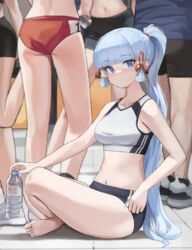  1boy 4girls absurdres alternate_costume ass bad_feet bad_proportions bare_arms bare_shoulders barefoot blue_eyes blue_hair blunt_bangs bottle breasts buruma commentary_request crop_top dolri genshin_impact hair_tubes highres kamisato_ayaka long_hair looking_at_viewer medium_breasts midriff multiple_girls navel ponytail red_buruma sidelocks sitting smile sports_bra standing stomach thighs very_long_hair water_bottle white_sports_bra 