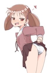  ass azumanga_daioh&#039;s_school_uniform azumanga_daiou brown_eyes brown_hair clothes_lift female highres lifting_own_clothes long_sleeves looking_back mihama_chiyo open_mouth panties pink_serafuku pink_shirt school_uniform serafuku shirt short_twintails simple_background skirt skirt_lift solo twintails underwear white_background zlix0n 