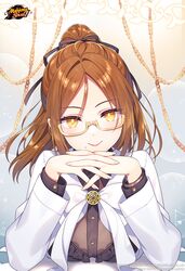  absurdres brown_hair commentary copyright_name english_commentary eyelashes female glasses hair_ornament hair_ribbon happy highres kusumoto_shizuru long_hair looking_at_viewer mahjong_soul mole official_art orange_eyes ponytail ribbon smile solo terasaki_chihori yostar 