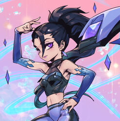  arm_up bare_shoulders black_hair breasts closed_mouth contrapposto cowboy_shot detached_sleeves detached_wings earrings female hand_on_own_hip jewelry k/da_(league_of_legends) k/da_all_out_kai&#039;sa kai&#039;sa league_of_legends long_hair medium_breasts multicolored_background official_alternate_costume pants phantom_ix_row pink_eyes ponytail purple_eyes smile solo two-tone_pants wings 