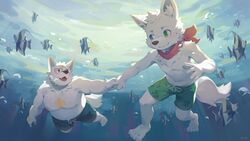  2boys :3 abs absurdres air_bubble animal animal_nose ascot bara barefoot belly blush body_fur bubble chest_tattoo closed_mouth eye_contact fangs fangs_out fish forehead_tattoo full_body furry furry_male furry_with_furry green_eyes hand_tattoo highres holding_hands large_pectorals looking_at_another male_focus male_swimwear moorish_idol multiple_boys muscular muscular_male navel_hair neck_fur nipples open_mouth original pectorals plump red_ascot seamonsterping size_difference swim_trunks swimming tail tattoo toned toned_male topless_male tropical_fish underwater white_fur wolf_boy yaoi yellow_eyes 