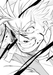  1boy blood blood_on_face blood_splatter crazy_eyes crazy_smile deruha_(this_communication) greyscale grin highres huge_eyebrows male_focus monochrome portrait short_hair smile solo spiked_hair this_communication umedairuka v-shaped_eyebrows 