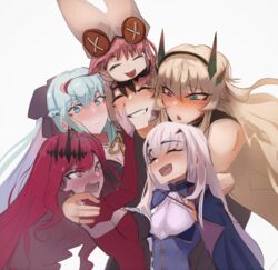  1boy 5girls aiguillette baobhan_sith_(fate) baobhan_sith_(first_ascension)_(fate) bare_shoulders barghest_(fate) barghest_(second_ascension)_(fate) black_bow black_dress black_hair blonde_hair blue_cape blue_dress blue_eyes blush bow braid breasts button_eyes buttons cape center_frills cleavage closed_eyes detached_sleeves dress fate/grand_order fate_(series) forked_eyebrows frills fujimaru_ritsuka_(male) green_eyes grey_eyes grey_hair grin habetrot_(fate) hairbow half_up_braid hat heterochromia highres horns hug jacket large_breasts long_hair long_sleeves looking_at_viewer melusine_(fate) melusine_(second_ascension)_(fate) morgan_le_fay_(fate) multiple_girls obazzotto open_mouth pink_hair pink_headwear pink_jacket pointy_ears ponytail red_dress red_eyes short_hair sidelocks simple_background small_breasts smile tiara very_long_hair white_background white_hair 