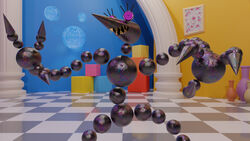  16:9 3d_(artwork) animate_inanimate anthro checkered checkered_floor claws cone cube digital_creature digital_media_(artwork) dtstat elemental_creature eyelashes fan_character female for_a_head glinka_(dtstat) glitch_productions hi_res metal_balls metal_creature metallic_body mineral_fauna object_head orb orbs painting_(object) pillar reaching_towards_viewer sharp_teeth solo spiral_eyes teeth the_amazing_digital_circus urn widescreen 