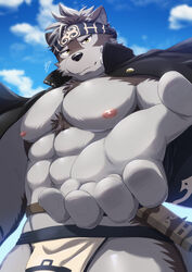  abs absurd_res accessory anthro bottomwear canid canine canis clothing coat_cape fur grey_body grey_fur headband hi_res horkeu_kamui_(tas) jacket lifewonders loincloth male mammal muscular muscular_anthro muscular_male nipples offering_hand pecs solo tokyo_afterschool_summoners topwear wolf yellow_eyes zyuzinka 