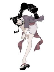  barefoot black_hair blunt_bangs eyelashes female full_body grey_eyes gyakuten_saiban hair_ornament half_updo hanten_(clothes) highres jacket japanese_clothes jewelry kimono knee_up long_hair looking_at_viewer low-tied_long_hair magatama magatama_necklace maya_fey necklace obi okobo omen_hohoho own_hands_together parted_bangs pink_sash purple_jacket sandals sash short_kimono sidelocks signature simple_background single_sandal smile solo toes white_background white_kimono 