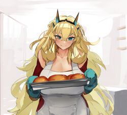  apron baking_sheet barghest_(fate) barghest_(like_a_lady)_(fate) blonde_hair blue_eyes bread_bun breasts cleavage closed_mouth collarbone crossed_bangs earrings fate/grand_order fate_(series) female food hair_between_eyes heterochromia highres holding_pan horns indoors jewelry kitchen large_breasts light_blush long_hair looking_down obazzotto off-shoulder_sweater off_shoulder orange_eyes oven_mitts red_sweater ribbed_sweater sketch_background smile solo sweater upper_body very_long_hair white_apron 