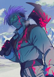  1boy axe blood blood_on_face blood_on_hands blood_on_weapon cowboy_shot deruha_(this_communication) frown goggles highres holding holding_axe huge_eyebrows looking_at_viewer male_focus mepphy01 mountain muscular muscular_male over_shoulder pectorals pink_hair short_hair snow solo spiked_hair this_communication weapon weapon_over_shoulder winter 