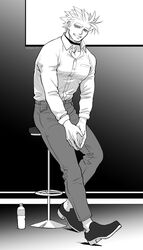  1boy bottle chair collared_shirt deruha_(this_communication) greyscale half-closed_eyes highres huge_eyebrows male_focus monochrome own_hands_together pants pectorals shirt short_hair sitting smile solo spiked_hair this_communication toned toned_male umedairuka water_bottle 